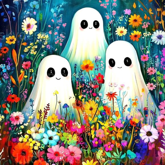 Ghost Trio in Wildflower Field Halloween Decor Whimsical Creepy Cute Art Print - Picture 2 of 4